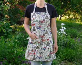 Apron with pockets Linen Cotton Apron Paris fabric Apron Cute Apron Cooking apron baking gifts Pinafore Hostess gift New home gift for wife