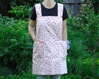 Natural cotton apron women Kitchen apron with pockets Garden apron Pink apron Rose apron Cross back apron Housewarming gift crafter gift
