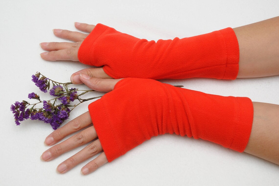 Red Fingerless gloves for women Fleece Soft Wrist warmers Etsy