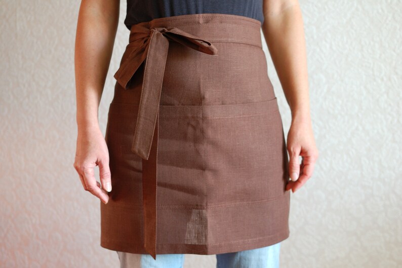 Brown Cafe apron Half apron with pockets linen apron Cooking Etsy