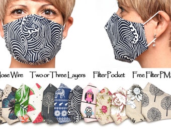 May include: A variety of reusable face masks with different patterns, including floral, geometric, and abstract designs. The masks have a nose wire, two or three layers, a filter pocket, and come with a free PM2.5 filter.