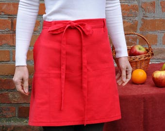 Cafe apron Half apron with pockets Cooking Apron Kitchen Apron Hostess aprons Womens Aprons Chef Gift Red Apron Baking gift idea Waist apron