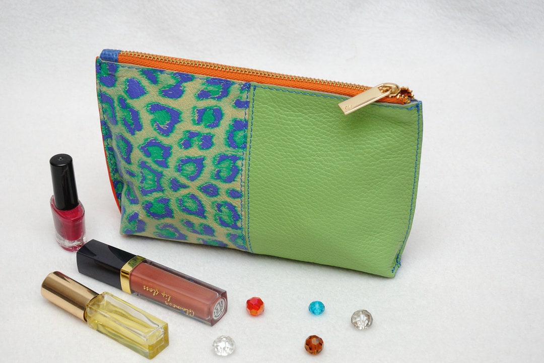 Leather Makeup Bag Suede Cosmetic Bag Suede Bag Green Orange Etsy