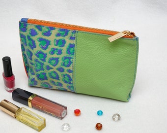 Borsa per il trucco in pelle Borsa per cosmetici in pelle scamosciata Borsa in pelle scamosciata Borsa per il trucco in pelle verde-arancio Borsa in pelle Borsa con cerniera Borsa per cosmetici in pelle Custodia per il trucco