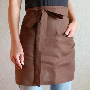 Brown Cafe apron Half apron with pockets linen apron Cooking Apron Hostess aprons Womens Aprons Chef Gift for Baker gift idea Waist apron