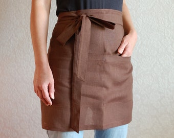 Delantal de café marrón Medio delantal con bolsillos Delantal de lino Delantal de cocina Delantales de anfitriona Delantales de mujer Regalo de chef para panadero Idea de regalo Delantal de cintura