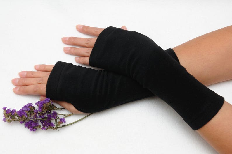 Inspirational womens gift wanderlust Fingerless gloves girlfriend gift Wrist warmers Jersey Tattoo cover gray fingerless mitts Hand Warmers 9 - Black