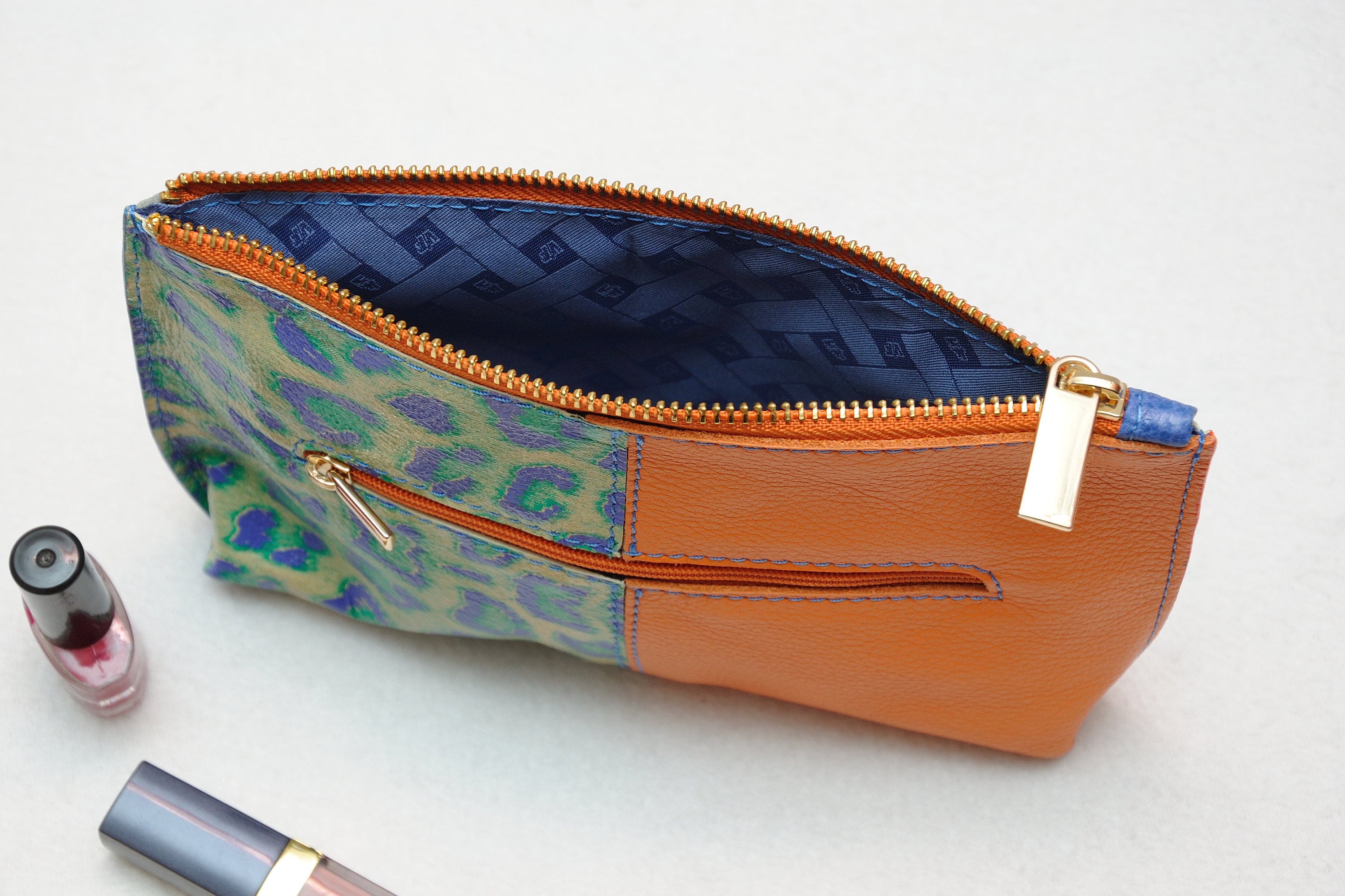 Leather Makeup Bag Suede Cosmetic Bag Suede Bag Green Orange Etsy