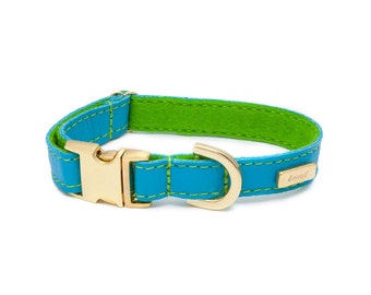 Dog Collar, Soft Leather dog collar, Turquoise Leather and Wool Felt adjustable Dog Collar, Personalised Leather Dog Collar