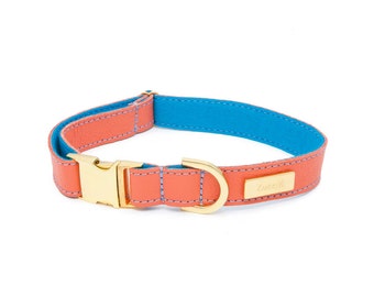 Dog Collar, Soft Leather dog collar, Mandarin Leather and Wool Felt adjustable colourful Dog Collar