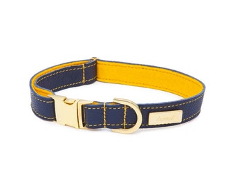 Dog Collar, Soft Leather dog collar, Blue Leather and Wool Felt adjustable Dog Collar, Personalised Leather Dog Collar