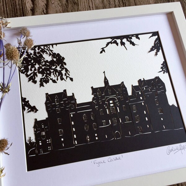 Fyvie Castle Aberdeenshire Scotland, Paper cutting art, Scottish castle, Castle wall art, Black and white framed wall art, Monochrome art