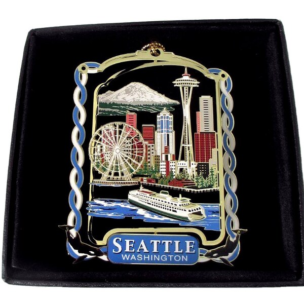 Seattle Washington City Skyline Color Brass Ornament