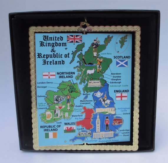 United Kingdom Map Landmarks Brass Ornament England Scotland Etsy