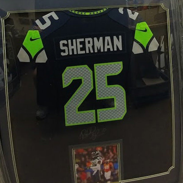 30x34 Framed Autographed Custom Jersey - Richard Sherman Seattle Seahawks