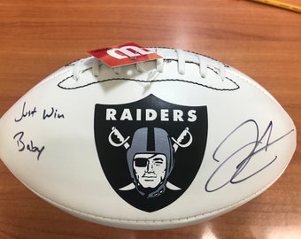 Derek Carr Signed Football - All White Raiders Logo with &quot;Just Win Baby!&quot; Inscription