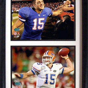 May include: A framed photo collage featuring two images of a football player wearing a white and orange jersey with the number 15. The player is throwing a football in one image and celebrating in the other.