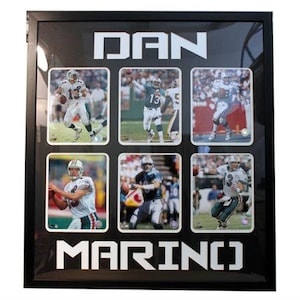 Puede incluir: Un collage de fotos enmarcado en negro con seis fotos de Dan Marino con su uniforme de los Miami Dolphins. El collage tiene el texto "DAN MARINO" en letras plateadas.