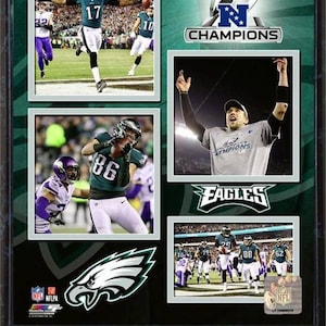 Könnte beinhalten: Eine Collage von Fotos, die den Super Bowl-Sieg der Philadelphia Eagles feiern. Die Collage zeigt Fotos von Spielern in Aktion, das Logo des Teams und die Worte "Champions" und "Eagles".