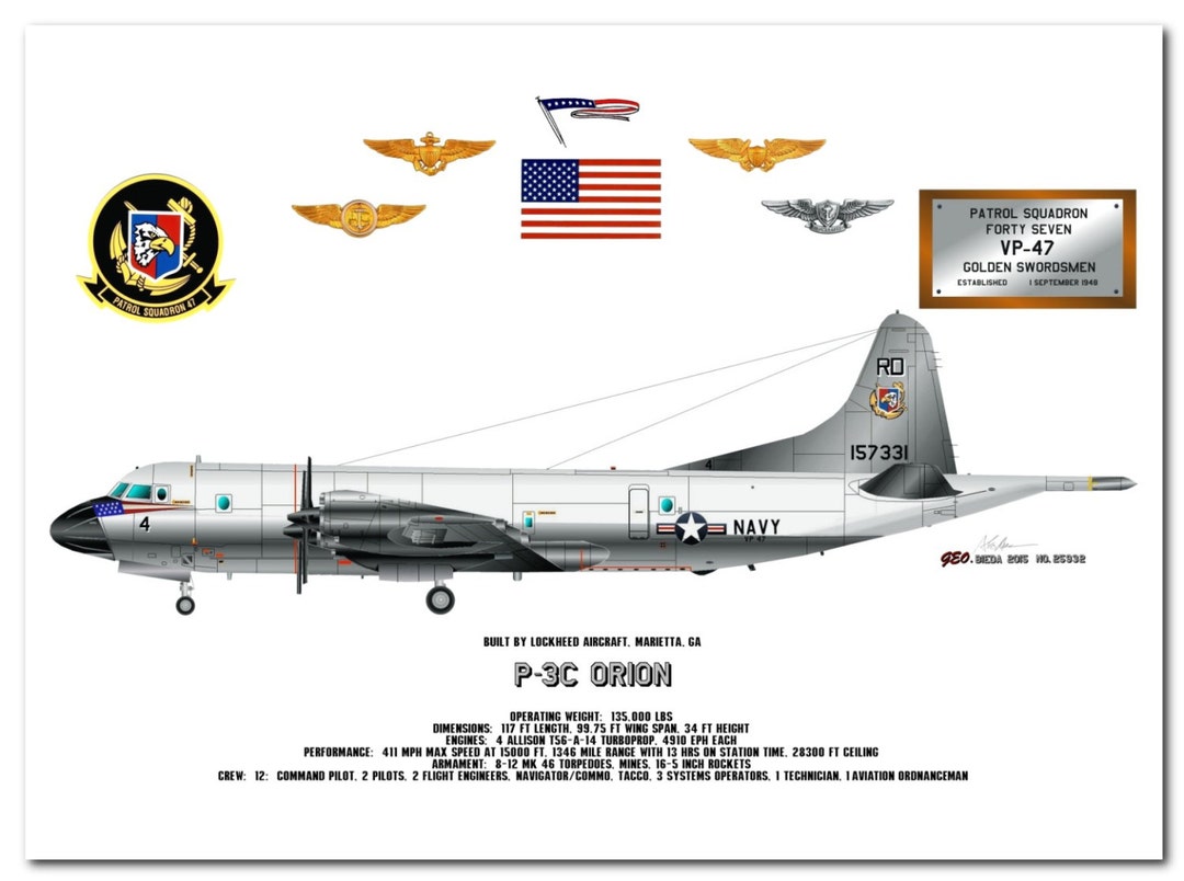 P-3C Orion US Navy Aircraft Print – VP-47 Golden Swordsmen Profile