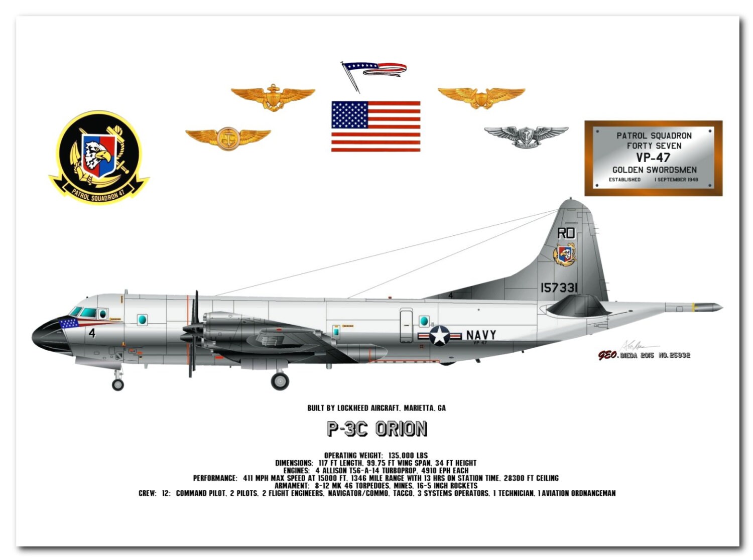P-3C Orion US Navy Aircraft Print – VP-47 Golden Swordsmen Profile