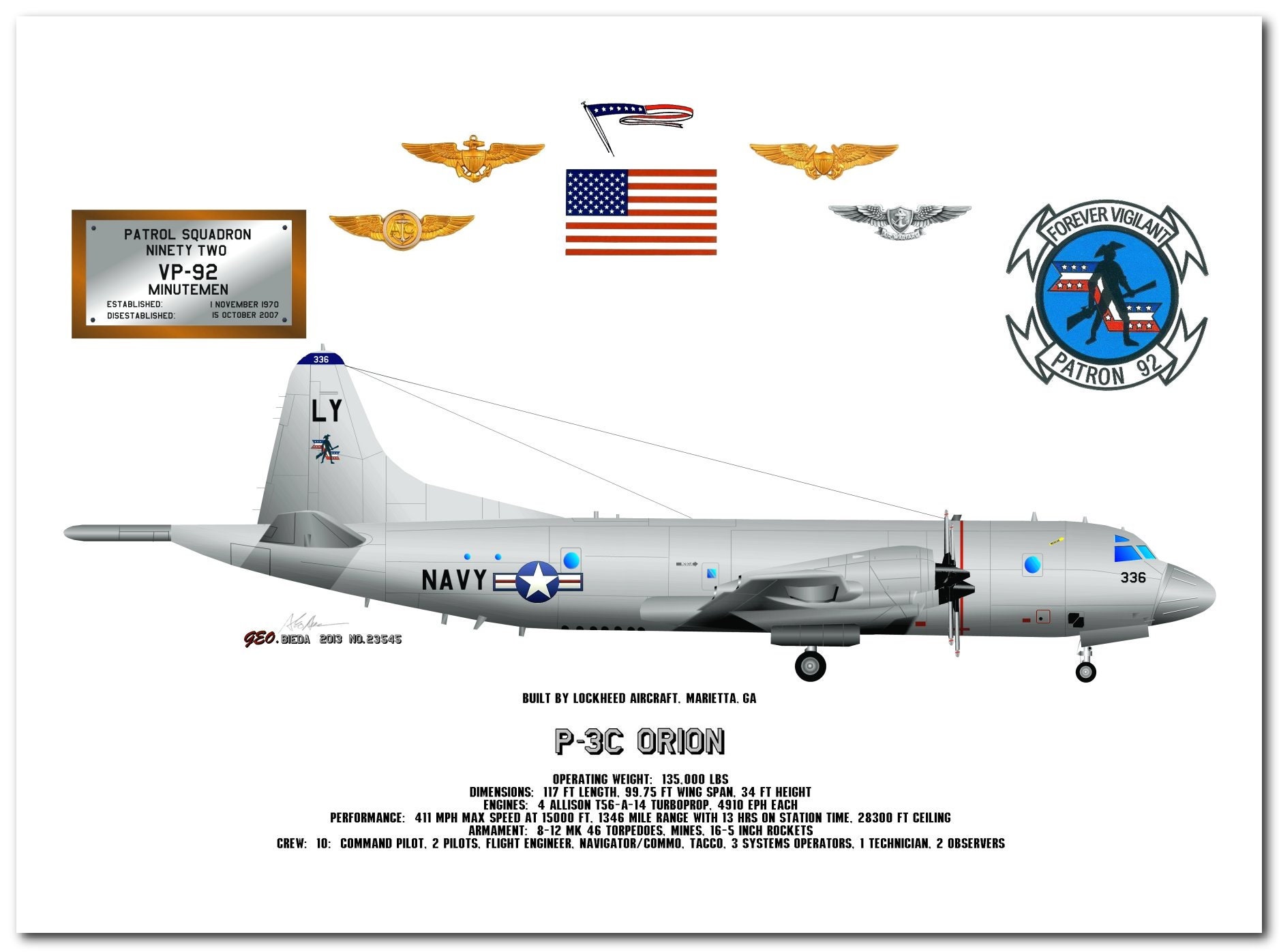 P-3C Orion US Navy Aircraft Art Print, VP-92 Minutemen Profile - Etsy