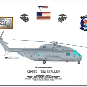 May include: A gray and white side profile illustration of a CH-53D Sea Stallion helicopter, a military transport helicopter, with the words "MARINES" on the side. The helicopter is built by the Sikorsky Company. The image includes the text "HMT-301 WINDWALKERS" and "MARINE HELICOPTER TRAINING SQUADRON 301".