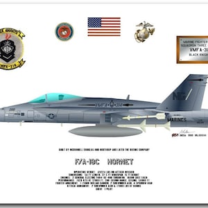 May include: A gray and blue F/A-18C Hornet fighter jet with the words "VMFA-314" and "Black Knights" on the side. The jet is in flight and has a US flag on the tail. The text "Built by McDonnell Douglas and Northrop and later the Boeing Company" is below the jet.