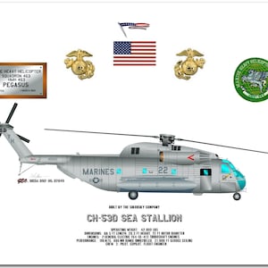 May include: A side profile illustration of a gray CH-53D Sea Stallion helicopter with the words "MARINES" and "22" on the side. The helicopter is against a white background with a US flag, a gold Marine Corps emblem, and a green Marine Heavy Helicopter Squadron emblem.