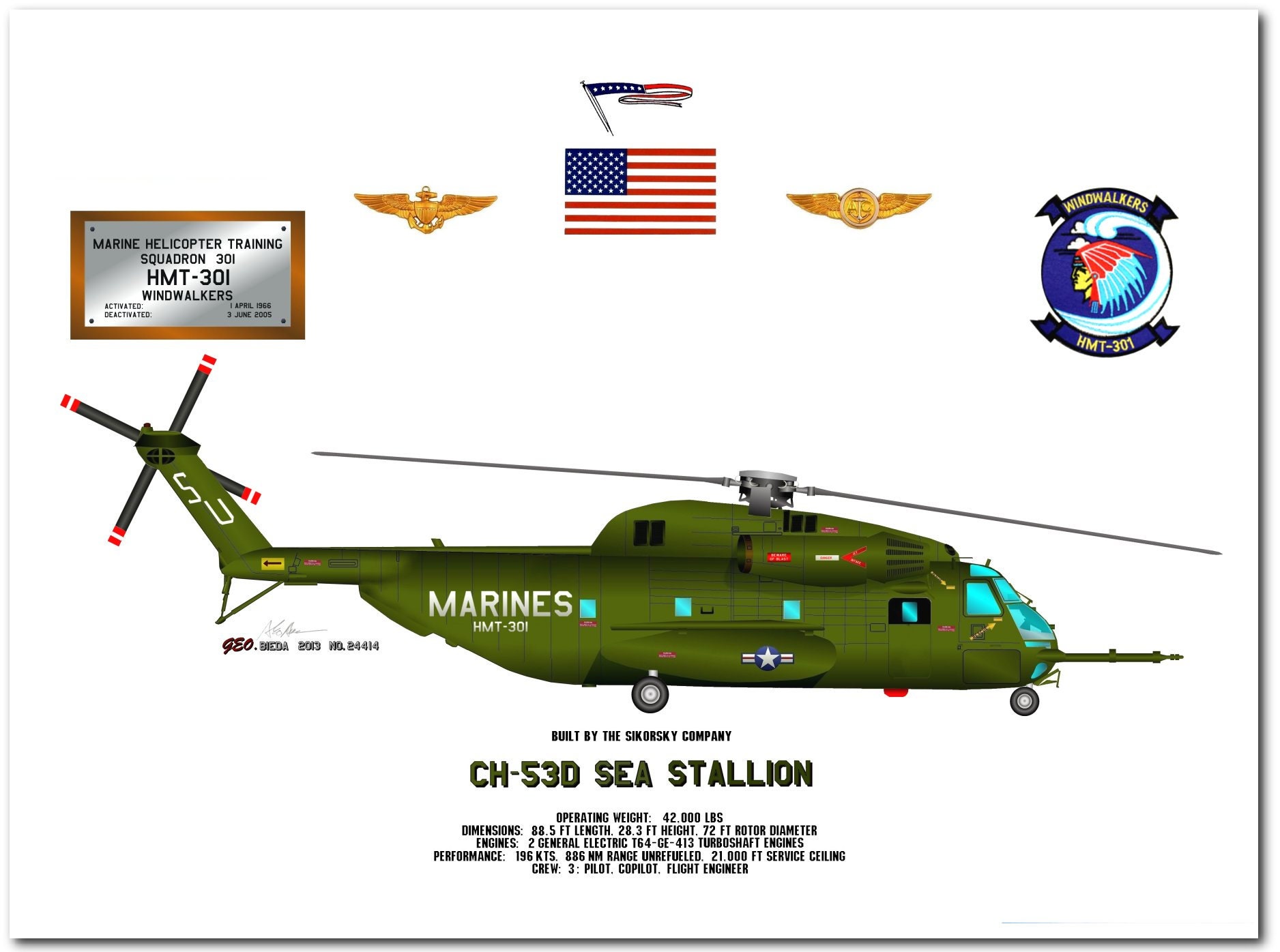 CH-53D Sea Stallion Print, USMC HMT-301 Windwalkers - Etsy, image size:1876x1396