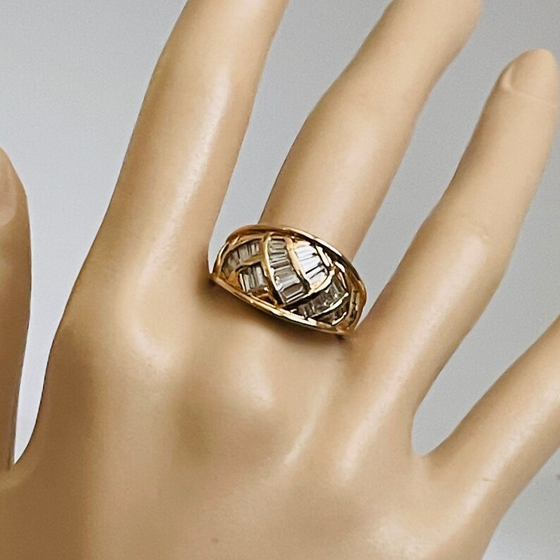 NOS 18K Gold over Sterling Silver Channel Set Cz Baguettes Cocktail Ring Vintage NOS Size 9