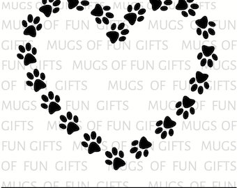 May include: A black and white image of a heart shape made of paw prints. The paw prints are arranged in a heart shape, with the points of the paw prints facing inwards. The image is on a white background.