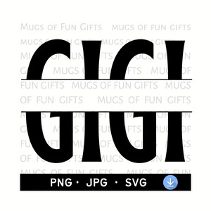 May include: Black and white split monogram design with the name "Gigi" in a bold, stylized font. The name is split by a horizontal line.