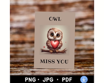 Afdrukbare uil mis je | Ontwerp voor notitiekaarten van 5 x 7 | Digitale download