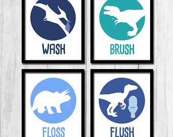 Dinosaur Bathroom Printables Digital Download Kids Bathroom Art Dinosaur Printable Dinosaur Bathroom Wash Brush Floss Flush Prints Printable