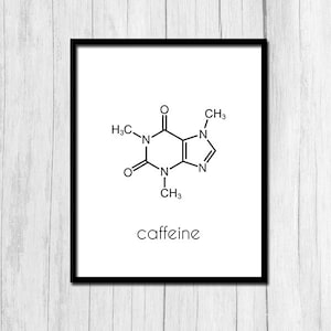 Könnte beinhalten: Eine Schwarzweiß-Linienzeichnung der chemischen Struktur von Koffein. Der Text "Koffein" steht unter der Zeichnung.