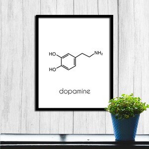 May include: A black and white illustration of the chemical structure of dopamine, a neurotransmitter, with the word "dopamine" written below it. The illustration is framed in a black frame and is hanging on a white wood wall.
