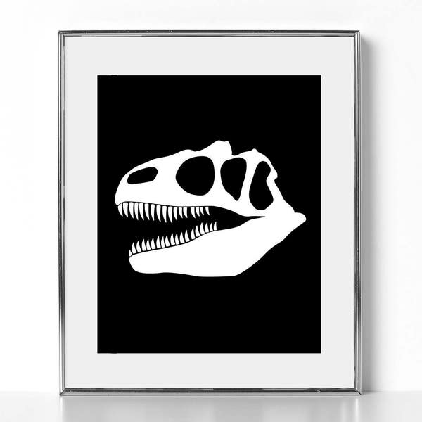 Black and White Print Digital Download Dinosaur Skull Fossil Print Fossil Art Black and White Art Cool Printable Cool Office Decor Prints
