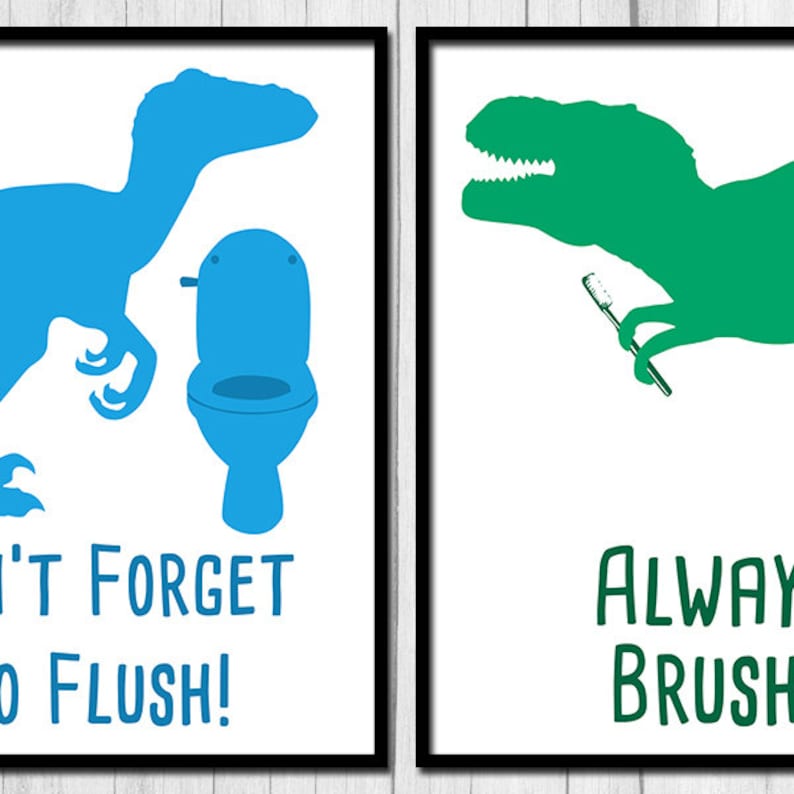 Wash Brush Floss Flush Printable Art Dinosaur Bathroom Kids Bathroom