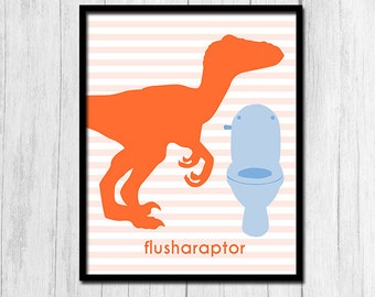 Kids Bathroom Sign Digital Download Flush Sign Boys Room Decor Orange 8x10 Print Dinosaur Bathroom Flush Printable Raptor Print Download