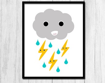 Lightning Bolt Print Digital Download Cloud Printable Lightning Bolt Printable Art Cloud Art Yellow Print Gray Print Rain Art Printable