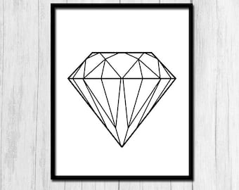 Gem Art Diamond Printable Gem Print Digital Download Geometric Art Black and White Diamond Minimal Gem Art Abstract Wall Prints Diamond Art