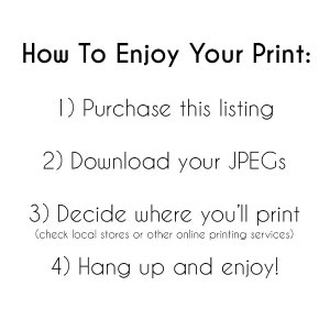 May include: A text-based guide on how to enjoy a print. The steps include purchasing the listing, downloading the JPEGs, deciding where to print, and hanging up the print.