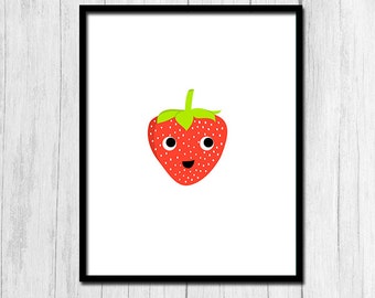 Strawberry Print Cute Kids Art Digital Download Kitchen Printable Kitchen Art Food Art Strawberry Art Kids Room Decor Fruit Printable Art