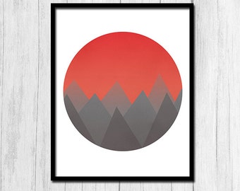 Abstract Sunset Print Digital Download Grey Mountains Minimalist Print Orange Sunset Mountain Print Abstract Orange Mountains Printable Art