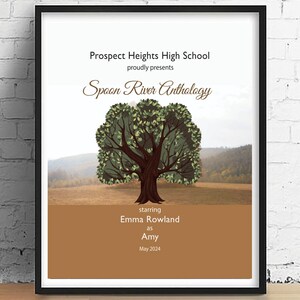 May include: A poster for a high school production of Spoon River Anthology, featuring a stylised green tree against a brown background. The text reads "Prospect Heights High School proudly presents Spoon River Anthology starring Emma Rowland as Amy May 2024."
