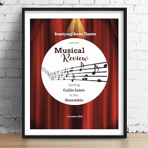 May include: A poster advertising a musical review called "Musical Review" starring Callie Jones and the Ensemble. The poster features a red curtain backdrop with a spotlight shining on a white circle with musical notes and the text "Beauty and Brawn Theatre presents". The poster also includes the date "December 2024".