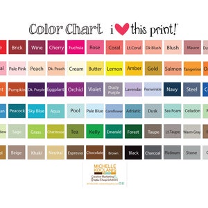 K&ouml;nnte beinhalten: Farbkarte mit 5 Reihen von 12 Farbmustern. Jedes Muster ist mit einem Farbnamen beschriftet. Die Karte ist mit "Color Chart i love this print!" betitelt.