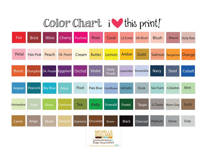 K&ouml;nnte beinhalten: Farbkarte mit 5 Reihen von 12 Farbmustern. Jedes Muster ist mit einem Farbnamen beschriftet. Die Karte ist mit "Color Chart i love this print!" betitelt.
