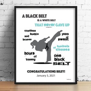 K&ouml;nnte beinhalten: Ein Motivationsposter mit der Silhouette einer Person in einer Karate-Pose. Der Text lautet "Ein schwarzer G&uuml;rtel ist ein wei&szlig;er G&uuml;rtel, der niemals aufgegeben hat." Es listet auch die Herausforderungen auf, die auf dem Weg zum Erreichen eines schwarzen G&uuml;rtels zu bew&auml;ltigen sind, wie "unz&auml;hlige Beulen und blaue Flecken", "Jahre des Schwei&szlig;es", "Hunderte von Kursen" und "Stunden des Trainings". Das Poster ist in einem Schwarz-Wei&szlig;-Farbschema und einem Blau-Wei&szlig;-Farbschema gehalten.